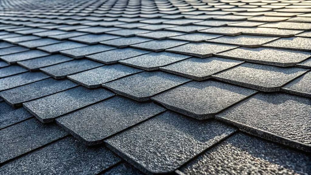 Curled and cracked asphalt shingles on a sloped roof beside a gutter with scattered granules.
