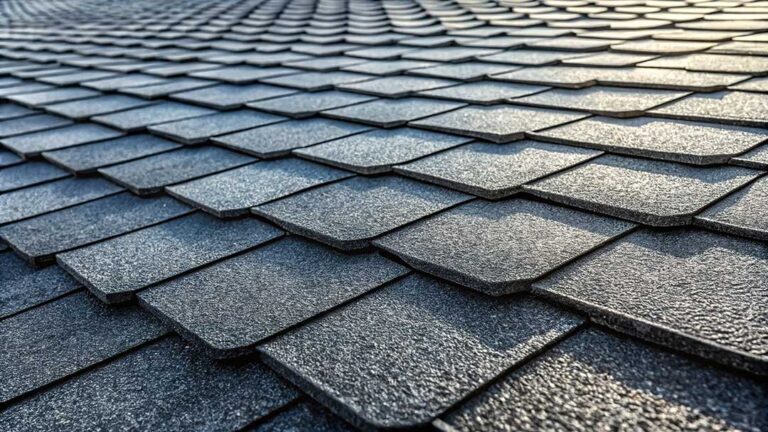 Curled and cracked asphalt shingles on a sloped roof beside a gutter with scattered granules.