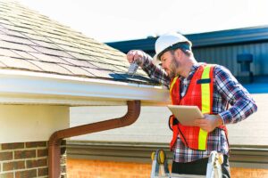 Person using a soft roof rake to remove leaves from shingles beside a ladder and gutter.